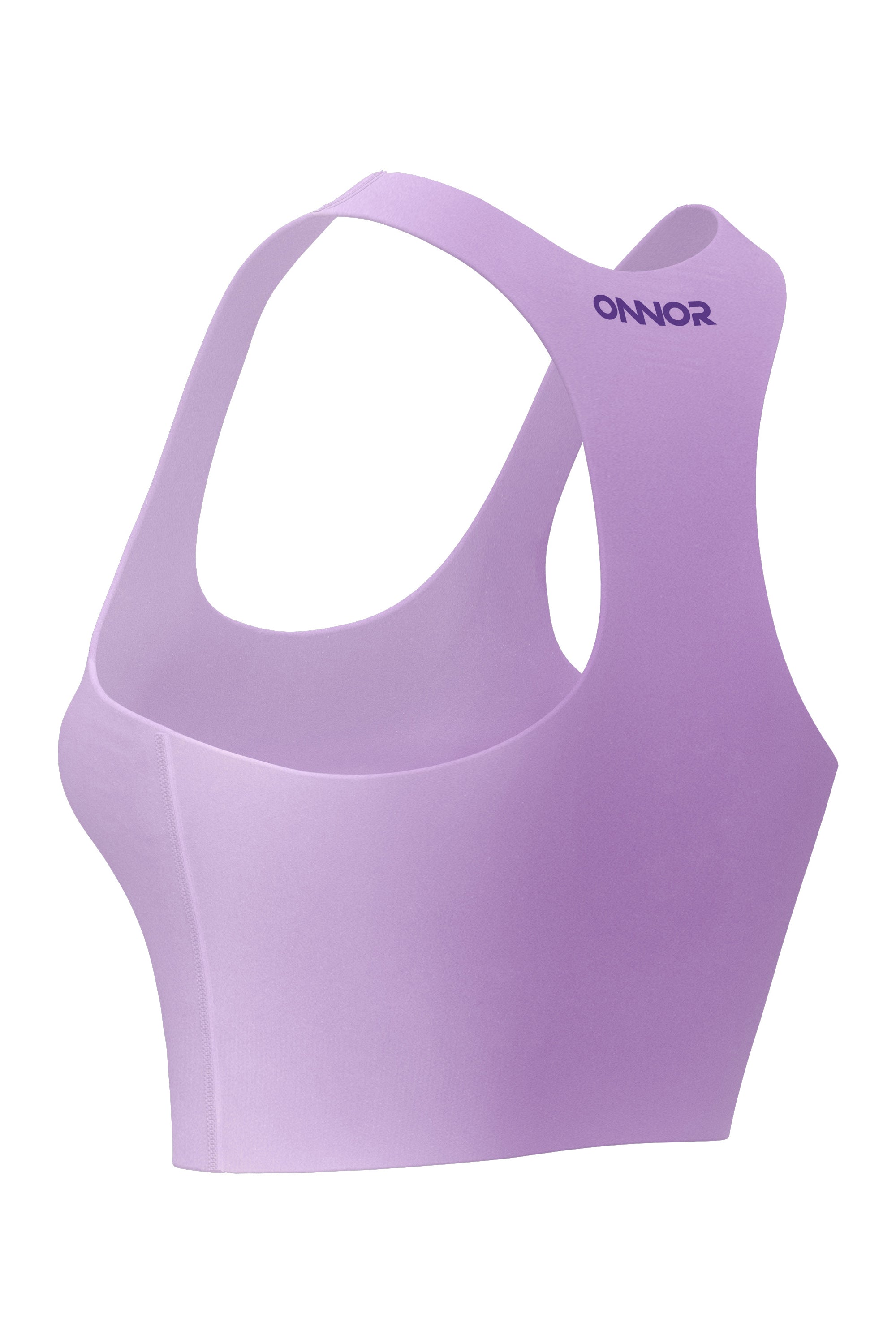Partial back-side perspective of a rose lilac fitness top for women, detailed with neon berry logos, against a white background to show off the side stitching.