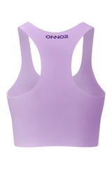 Rear view of a rose lilac women's workout top with vibrant neon berry logo accents, set against a white background for a clear view of the back design.