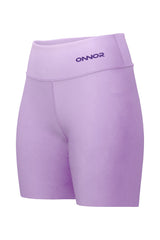 Angled front-side view of women's rose shorts with a top back zipper pocket. This perspective captures the shorts' stylish cut and the subtle blending of colors