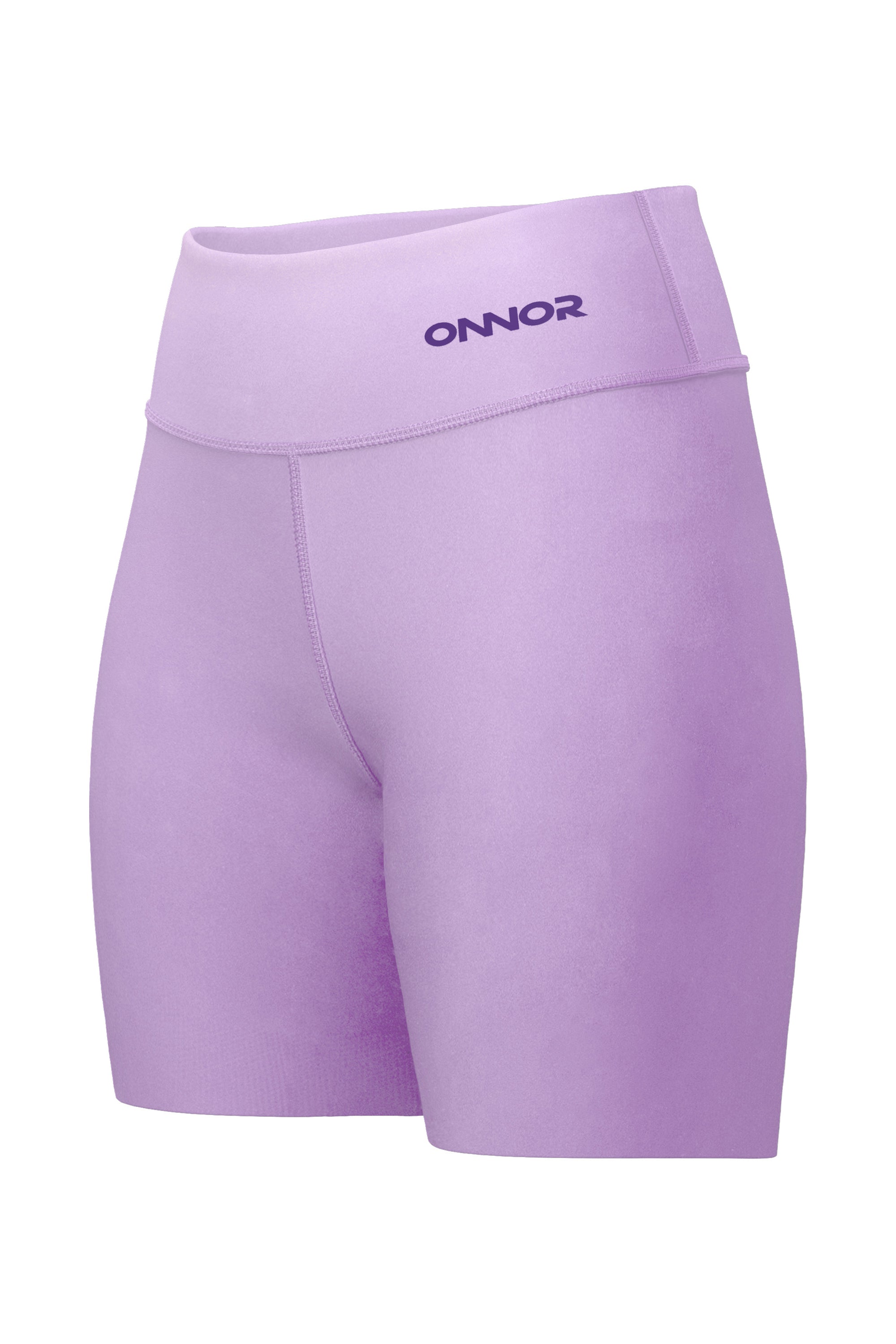 Angled front-side view of women's rose shorts with a top back zipper pocket. This perspective captures the shorts' stylish cut and the subtle blending of colors