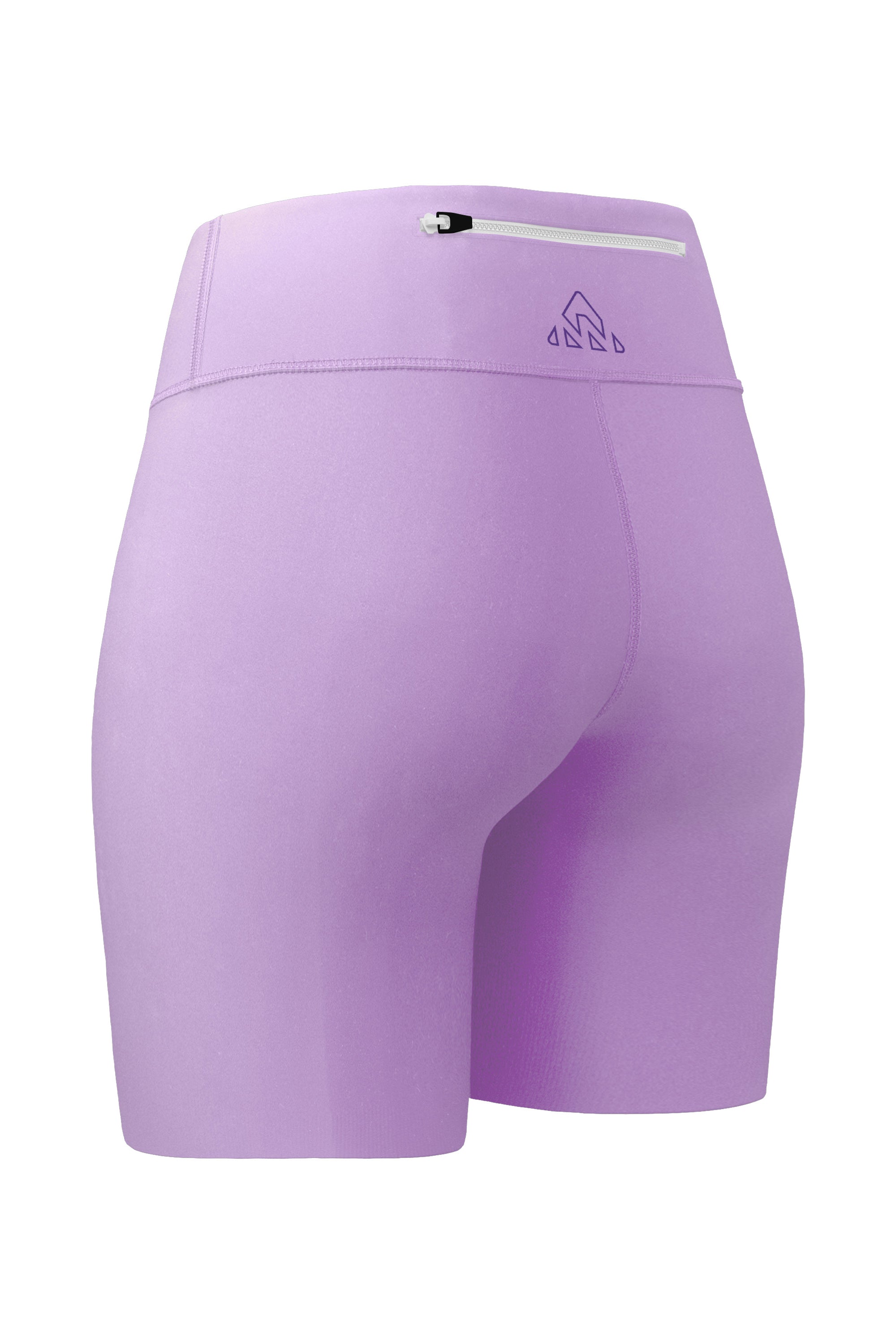 Back-side angled view of women's rose shorts with a top back pocket and zipper. The image provides a comprehensive view of the shorts' rear design and the functional back pocket.