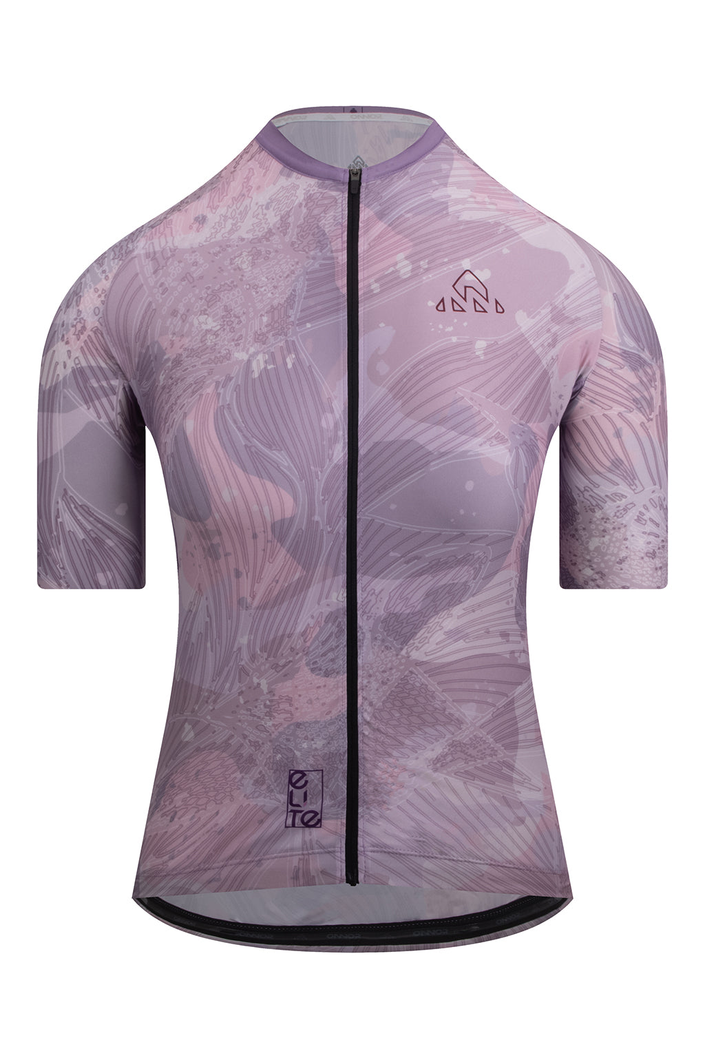 Front view of the Women's Shu Elite Cycling Jersey Short Sleeve in light purple and grey by ONNOR. This image vividly showcases the jersey's modern design and the brand's unwavering commitment to premium quality. Specifically engineered to enhance cycling performance and style, this jersey stands as an epitome of cutting-edge technology blended with fashionable design.