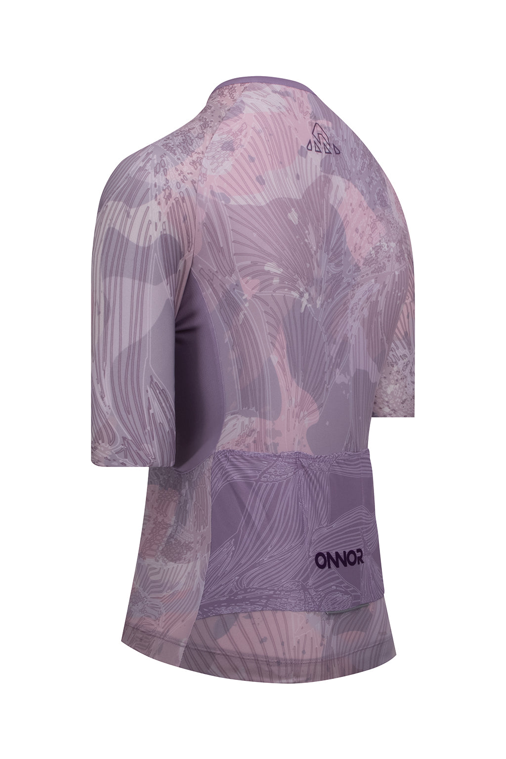 Focus image revealing the fabric texture of ONNOR's Women's Shu Elite Cycling Jersey Short Sleeve in light purple and grey. This view accentuates the jersey's quality, breathability, and durability, symbolizing the brand's commitment to crafting robust, performance-boosting cycling wear that can withstand extensive use and strain.