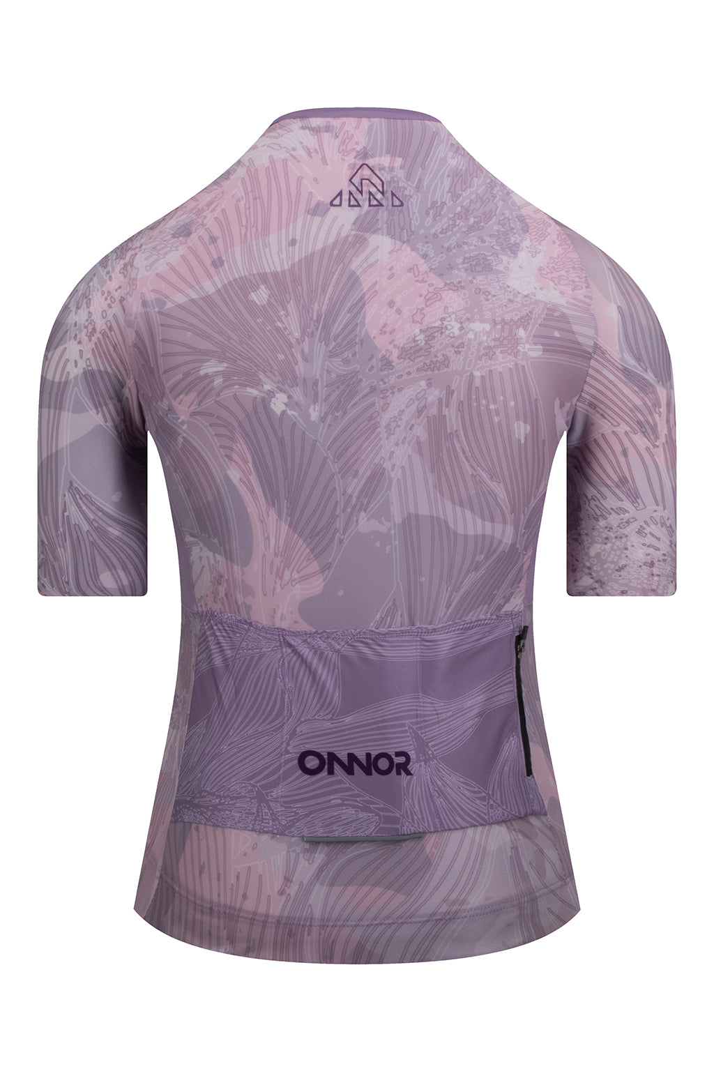 Rear view of the Women's Shu Elite Cycling Jersey Short Sleeve by ONNOR in light purple and grey. This picture emphasizes the practical rear pockets and reflective safety details, underlining the brand's devotion to fusing utility, safety, and style in their distinctive cycling attire. The vibrant colors and innovative design fully encapsulate ONNOR's philosophy of superior cycling gear.