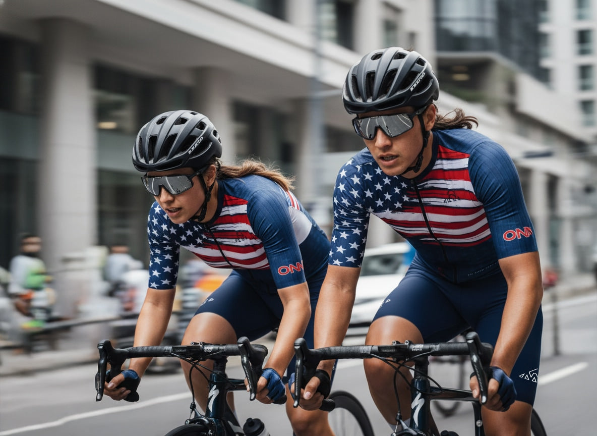 ONNOR USA Flag Cycling Jersey – men and women racing in matching American flag cycling kits, showcasing aerodynamic fit, premium Italian fabrics, and patriotic performance style designed for speed and comfort.