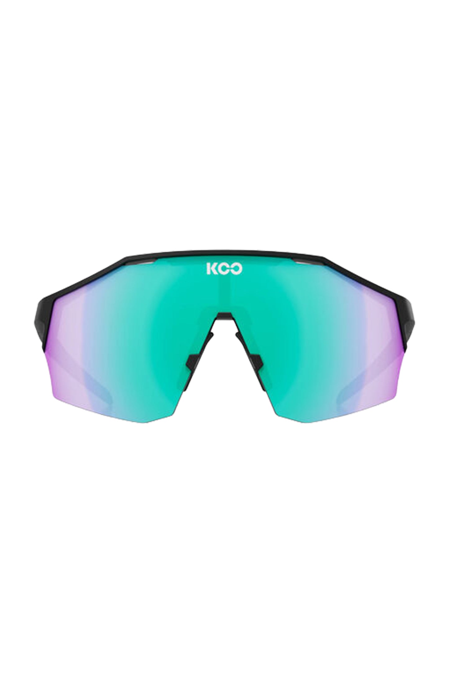 Sunglasses with green and purple lenses on a white background