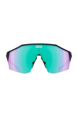 Sunglasses with green and purple lenses on a white background