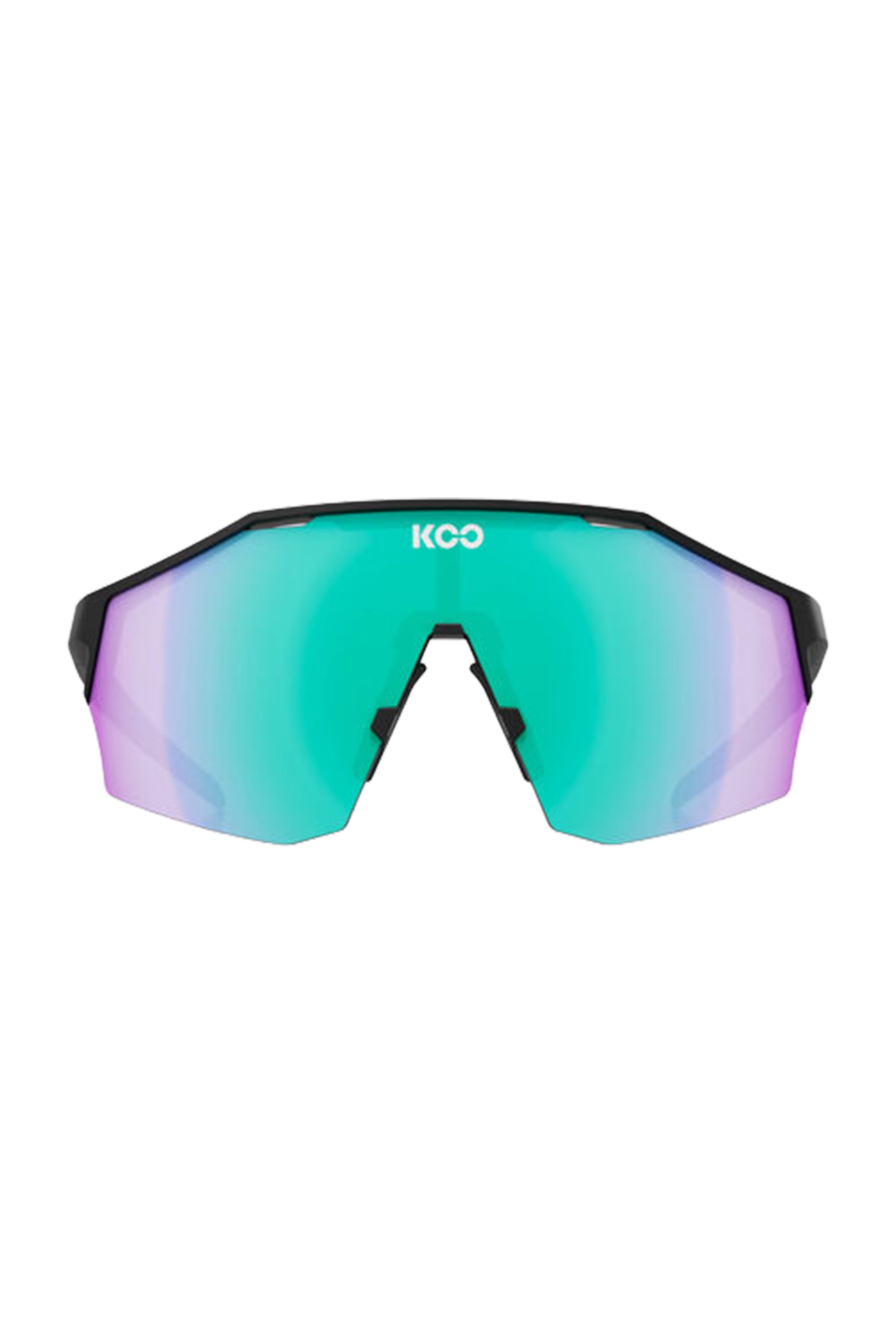 Sunglasses with green and purple lenses on a white background