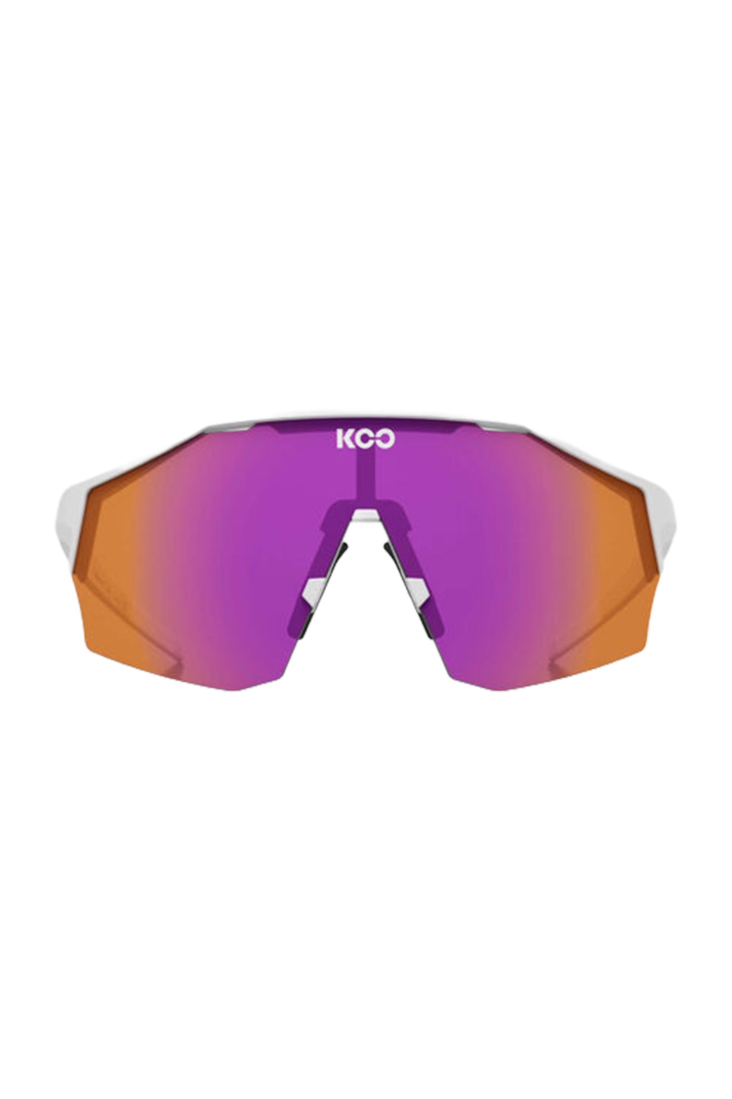 Sunglasses with a purple and orange gradient lens on a white background