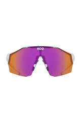 Sunglasses with a purple and orange gradient lens on a white background