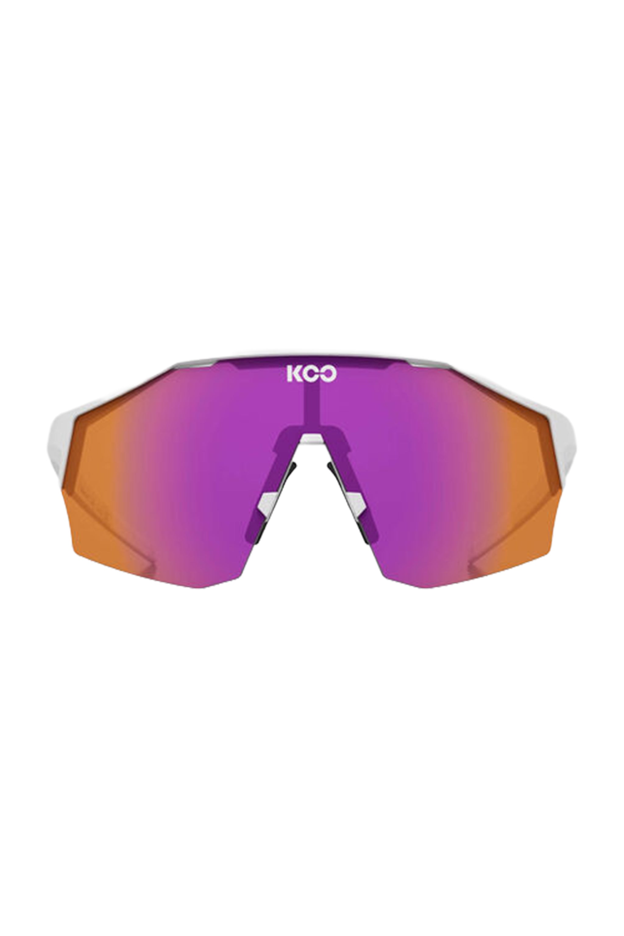Sunglasses with a purple and orange gradient lens on a white background