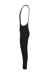 Side view of the Men's Black Elite Cycling Bib Tight by ONNOR. Clearly visible are the broad shoulder straps and stretchable fabric, ideal for conforming to body movements, complemented by non-slip leg grippers to ensure stability during cycling.