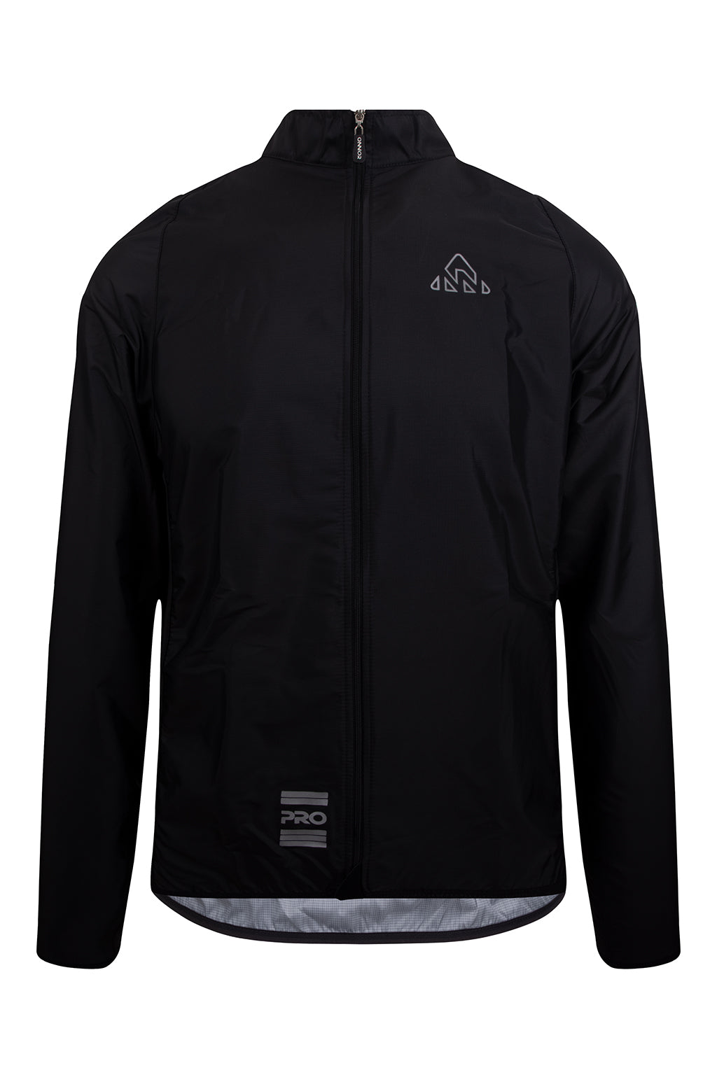 Frontal view of ONNOR Men's Black Stealth Cycling Windbreaker Long Sleeve, featuring its aerodynamic design and high-zip collar