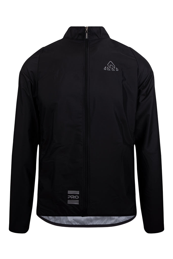 Men's Black Stealth PRO Cycling Windbreake Long Sleeve - men's black cycling windbreakes - Frontal view of ONNOR Men's Black Stealth Cycling Windbreaker Long Sleeve, featuring its aerodynamic design and high-zip collar