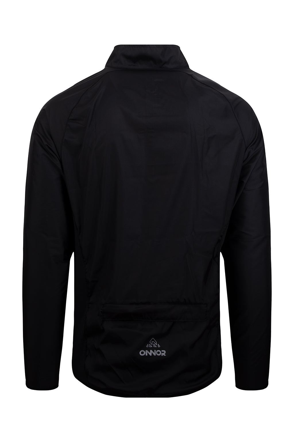 Rear view of the ONNOR Men's Black Stealth Cycling Windbreaker Long Sleeve, illustrating the extended back coverage and breathable material.