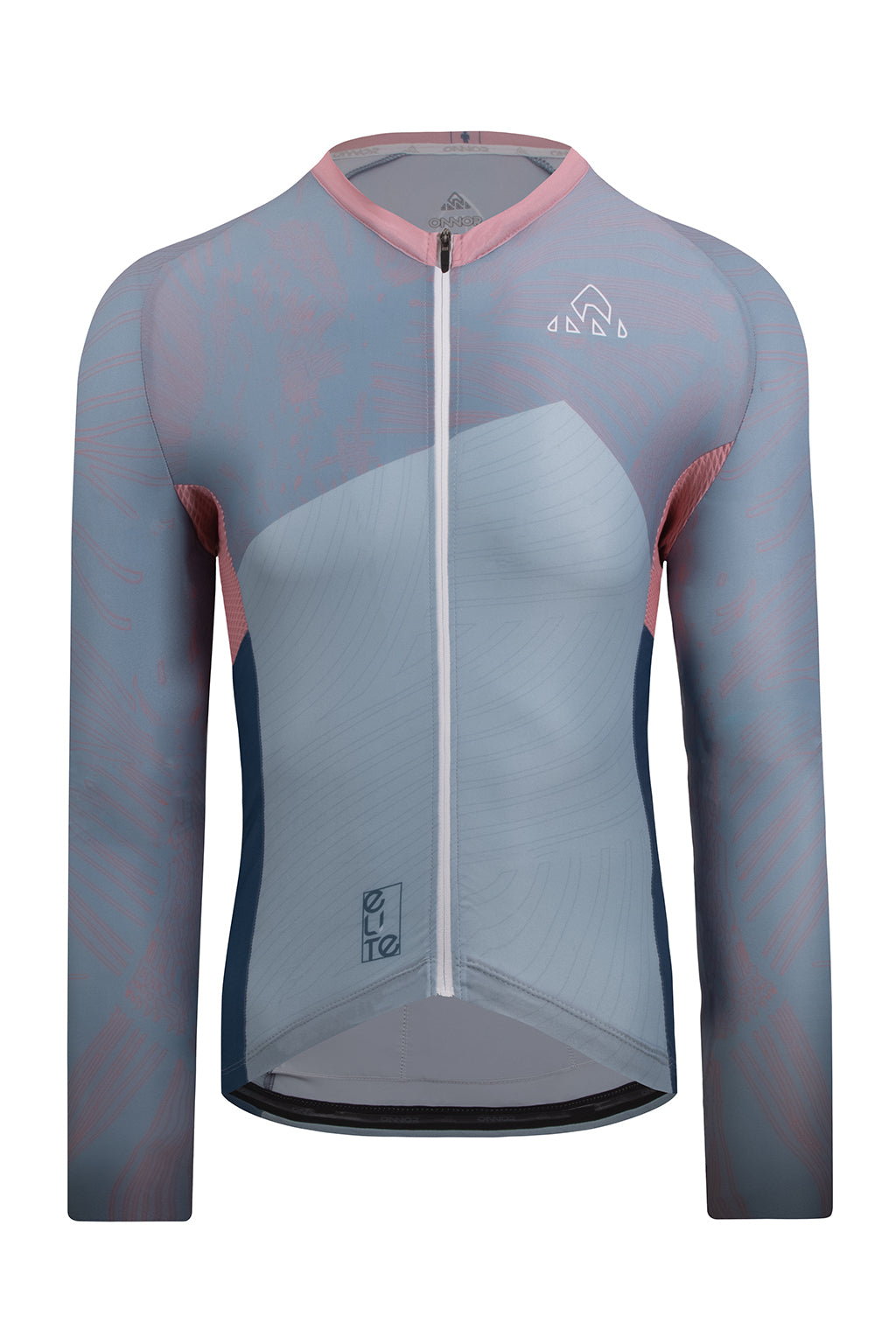 Front view of the Men's Skadi Elite Cycling Jersey Long Sleeve in light gray and light blue by ONNOR. This image presents the jersey's modern design along with the brand's commitment to supreme quality. Engineered to enhance cycling performance and style, this jersey stands as a testament to the harmonious integration of advanced technology and aesthetic design.