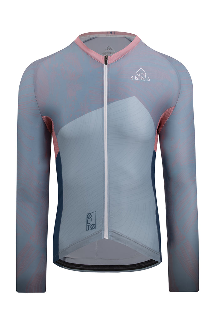 Men's Elite Jersey Long Sleeve - Light grey / Light Blue - men's light grey / light blue jerseys long sleeve - Front view of the Men's Skadi Elite Cycling Jersey Long Sleeve in light gray and light blue by ONNOR. This image presents the jersey's modern design along with the brand's commitment to supreme quality. Engineered to enhance cycling performance and style, this jersey stands as a testament to the harmonious integration of advanced technology and aesthetic design.