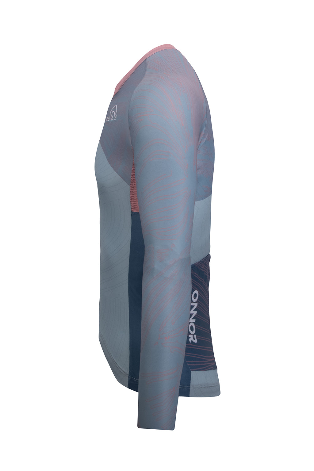 Side view of the light gray and light blue Men's Skadi Elite Cycling Jersey Long Sleeve from ONNOR. This image showcases the jersey's sleek silhouette and advanced design that combines cutting-edge technology with fashion aesthetics, delivering a superior cycling experience. The unique color palette distinguishes the jersey, making it appealing to cyclists with a taste for style and performance.