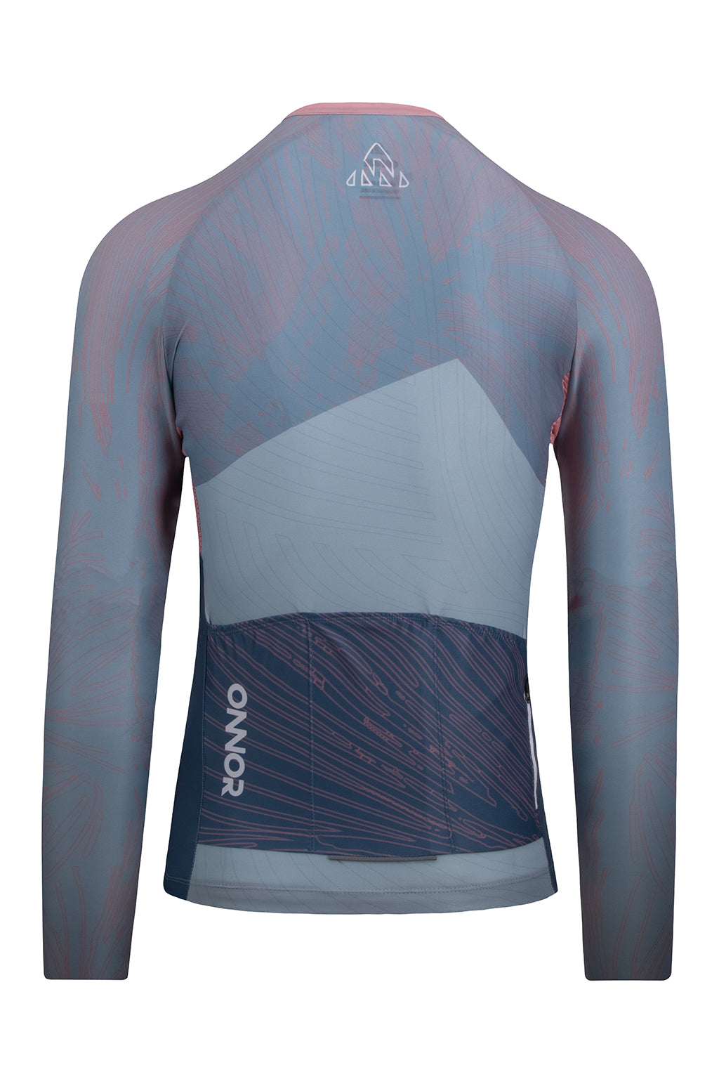 Rear view of the Men's Skadi Elite Cycling Jersey Long Sleeve by ONNOR in light gray and light blue. This image underscores the functional rear pockets and reflective safety elements, showcasing the brand's dedication to amalgamating utility, safety, and style in their distinctive cycling gear. The cool color scheme and innovative design fully encapsulate ONNOR's vision for superior cycling attire.