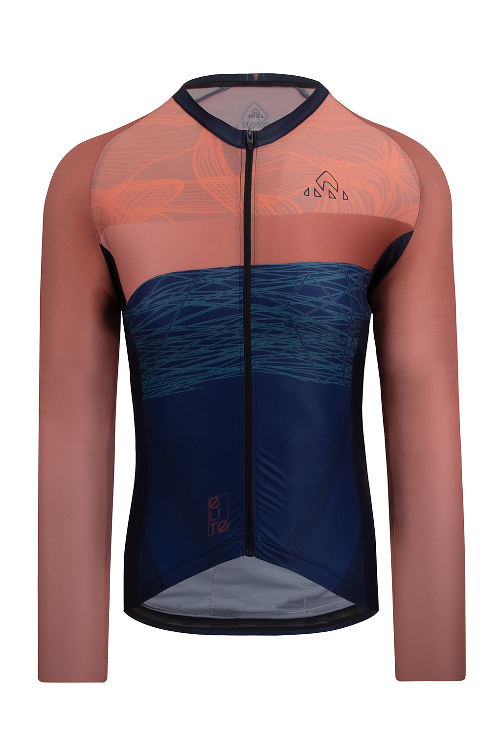 Front view of the Men's Tyr Elite Cycling Jersey Long Sleeve in blue and orange by ONNOR. This image unveils the jersey's sleek design and the brand's devotion to superior quality. Tailored to boost cycling performance and style, this jersey stands as an embodiment of a blend of cutting-edge technology and aesthetic design.