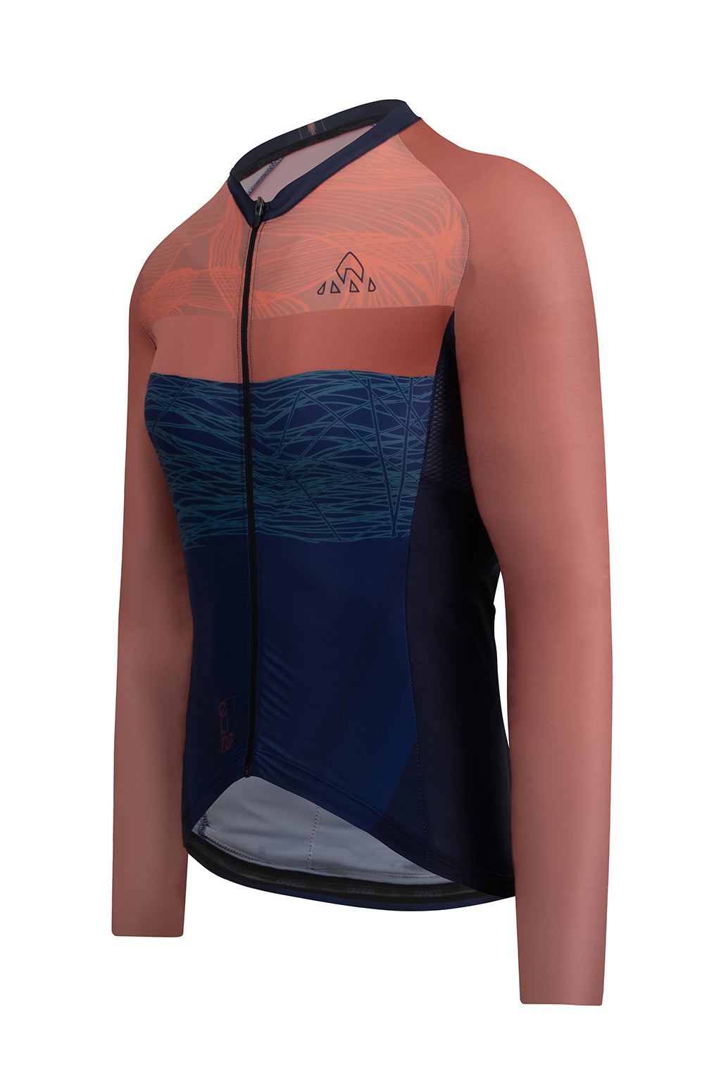 Detailed shot of the collar of the Men's Tyr Elite Cycling Jersey Long Sleeve by ONNOR in blue and orange. This photo portrays the balance of style and comfort in the jersey's design, reflecting ONNOR's dedication to creating innovative, comfortable, and visually captivating cycling attire.