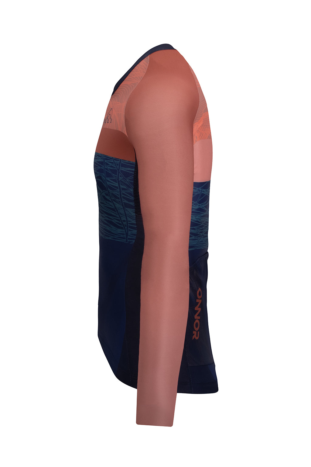 Detailed snapshot focusing on the sleeve of the Men's Tyr Elite Cycling Jersey Long Sleeve by ONNOR in blue and orange. The image showcases the brand's commitment to creating a comfortable, stylish, and performance-centric cycling jersey, emphasizing their aptitude for seamlessly integrating form and function.