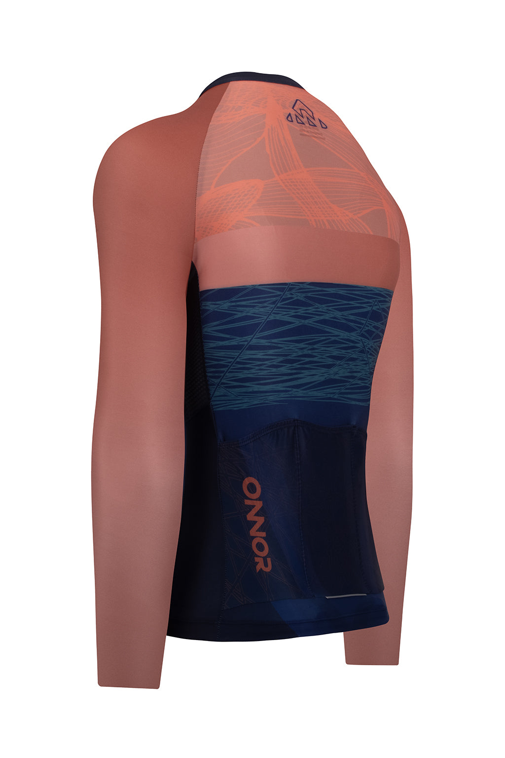 High-definition image of the blue and orange Men's Tyr Elite Cycling Jersey Long Sleeve by ONNOR. The image shows the brand's approach to blending vibrant color combinations and top-notch quality into their cycling gear. The compelling visuals and meticulous detailing make this jersey a perfect choice for discerning cyclists who appreciate both style and quality.