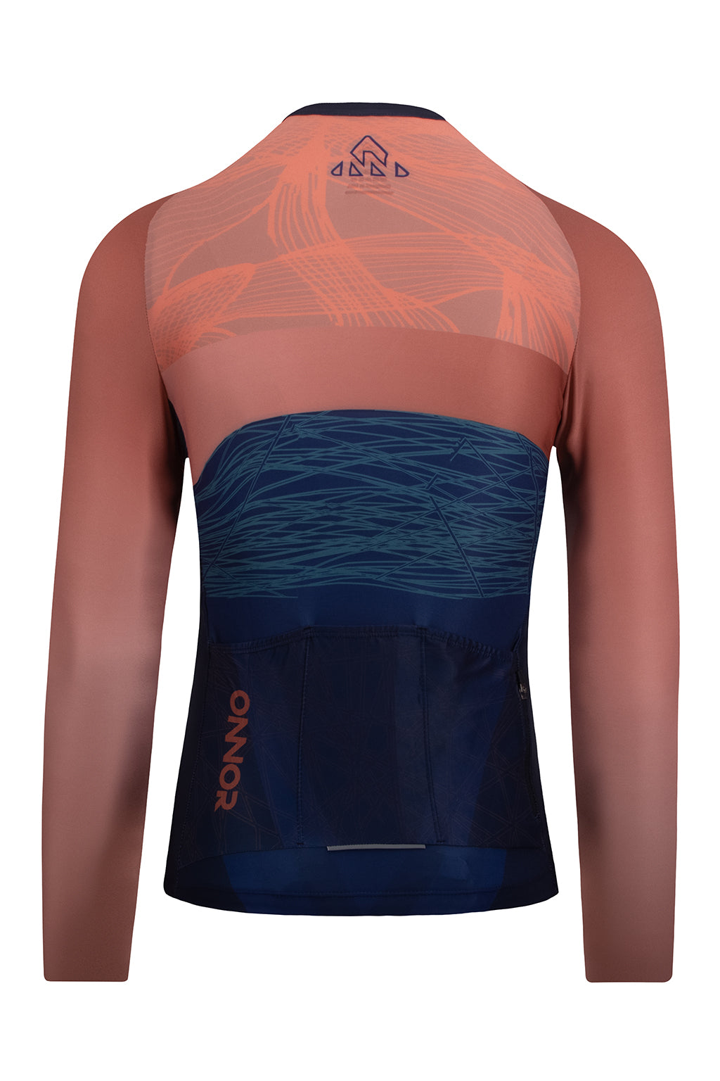 Rear view of the Men's Tyr Elite Cycling Jersey Long Sleeve by ONNOR in blue and orange. The image emphasizes the practical rear pockets and safety-enhancing reflective details, underlining the brand's dedication to melding utility, safety, and style in their unique cycling gear. The bold color scheme and modern design perfectly represent ONNOR's commitment to top-notch cycling attire.