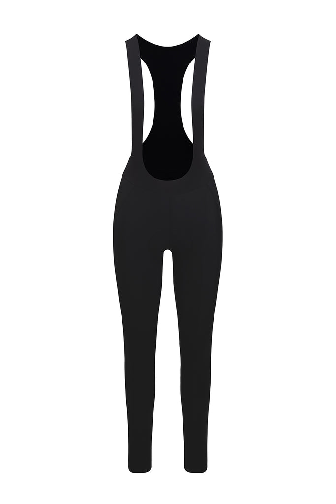 Women's Black Elite Cycling Bib Tight - women's  bib tight - Frontal view of ONNOR's Women's Black Elite Cycling Bib Tight, illustrating the streamlined design and high-quality fabric. The tastefully placed ONNOR logo adds a touch of brand identity. The combination of durability, breathability and style makes it ideal for female cyclists seeking top-tier gear.