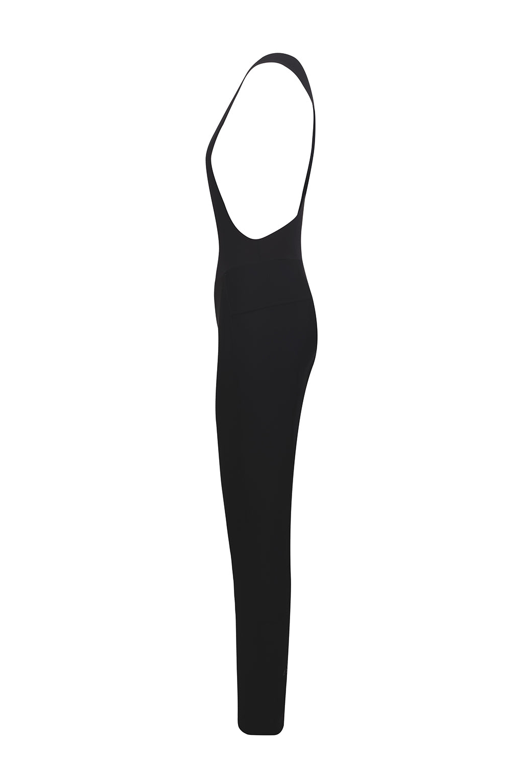 Side perspective of the Women's Black Elite Cycling Bib Tight by ONNOR. It displays broad shoulder straps for comfort, stretchable fabric that fits body contours, and anti-slip leg grippers, all tailored for female cyclists.