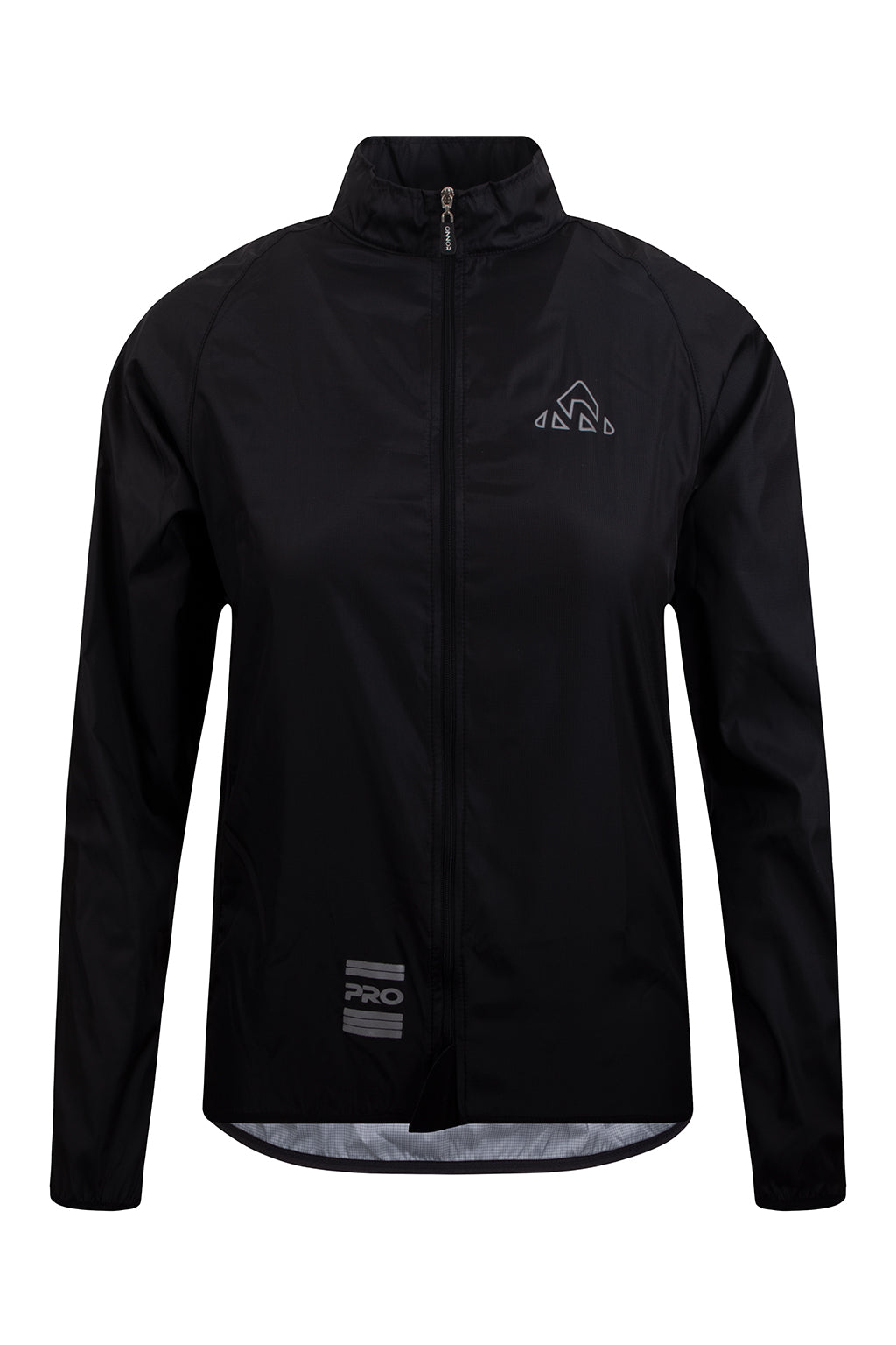 Front view of ONNOR Women's Black Stealth Cycling Windbreaker Long Sleeve, showcasing the sleek design and high collar.