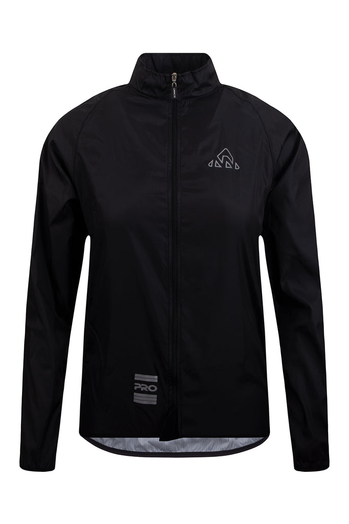 Women's Black Stealth PRO Cycling Windbreaker Long Sleeve - women's black cycling windbreakes - Front view of ONNOR Women's Black Stealth Cycling Windbreaker Long Sleeve, showcasing the sleek design and high collar.