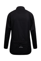 Back view of the ONNOR Women's Black Stealth Cycling Windbreaker Long Sleeve, highlighting the extended coverage and breathable material.
