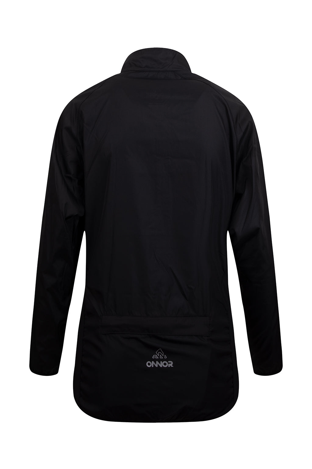 Back view of the ONNOR Women's Black Stealth Cycling Windbreaker Long Sleeve, highlighting the extended coverage and breathable material.