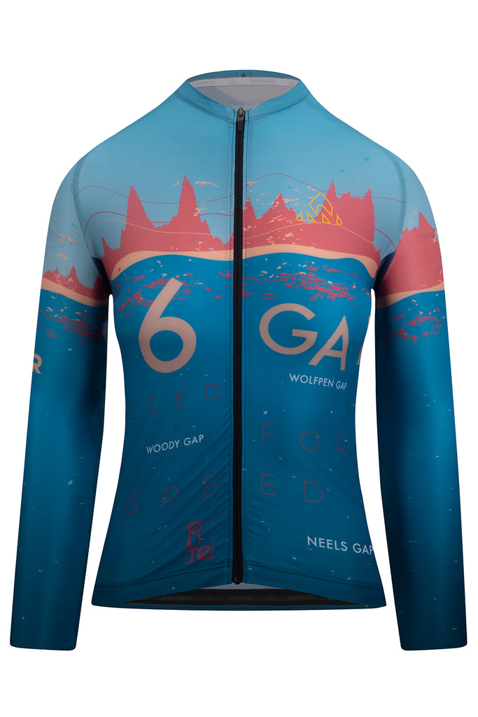 Women's Elite Jersey Long Sleeve - Blue / Orange - Six Gap - women's blue / orange jerseys long sleeve - ONNOR's Women's SGC Elite Jersey Long Sleeve 2023, presented in a front view. Specifically crafted for participants of the Six Gap of Georgia cycling event. Showcases vibrant colors and premium design.