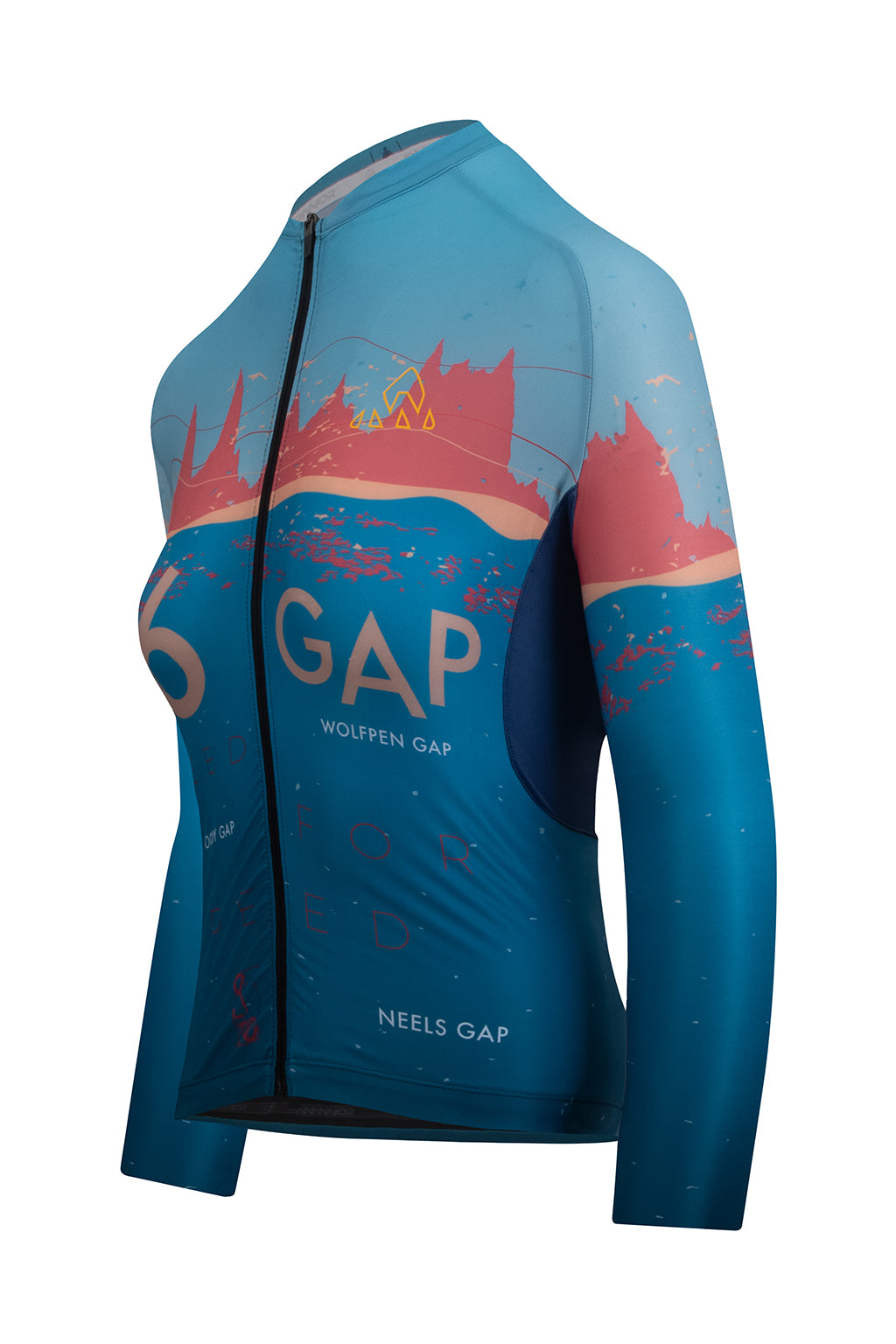 Close-up image featuring the unique logo of ONNOR's Women's SGC Elite Jersey Long Sleeve 2023. Designed specifically for the esteemed Six Gap of Georgia cycling event, depicting commitment to sport and style.