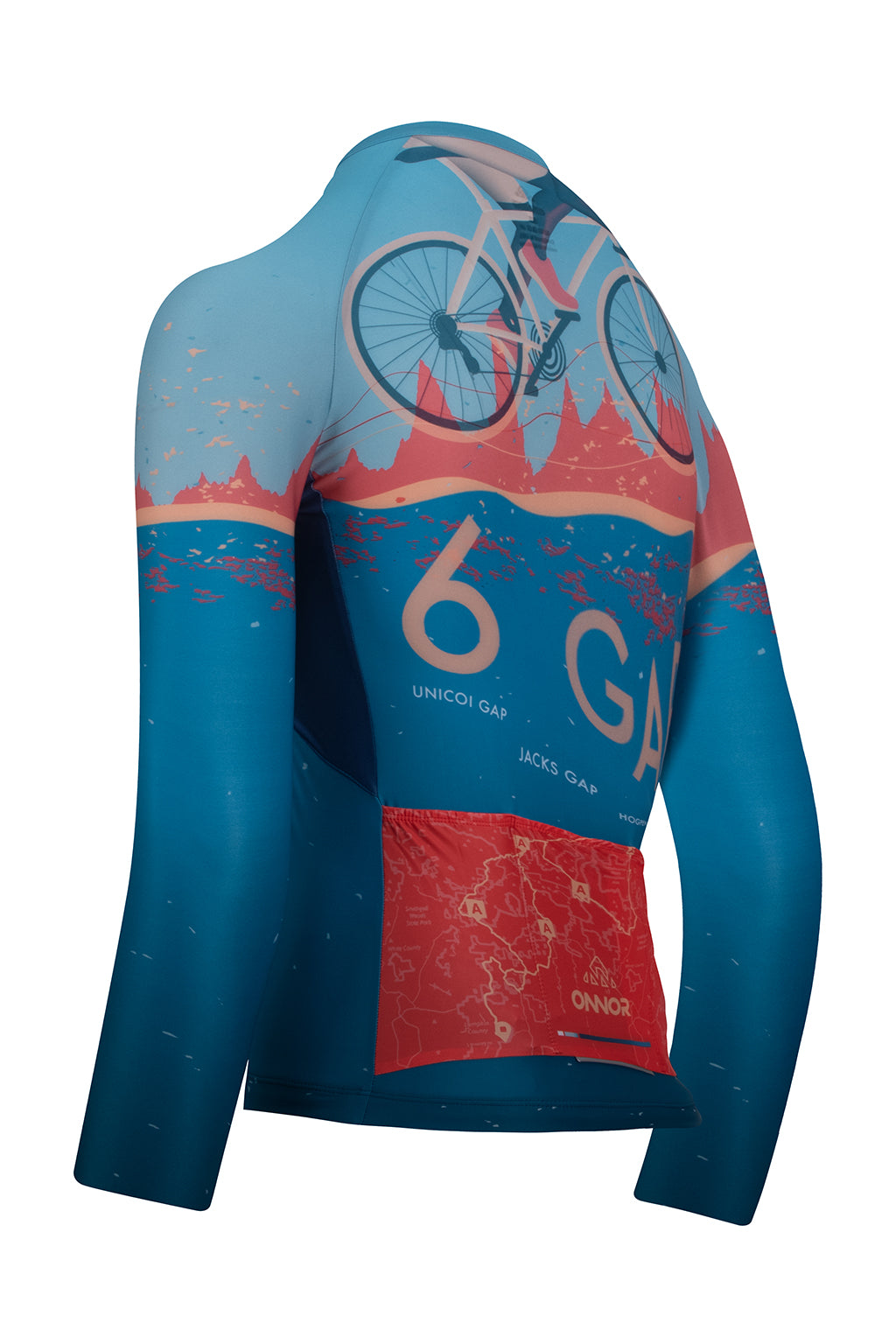 Image focusing on the fabric texture of the Women's SGC Elite Jersey Long Sleeve 2023 by ONNOR. Showcases the quality and durability of the jersey, perfectly designed for the challenging Six Gap of Georgia.
