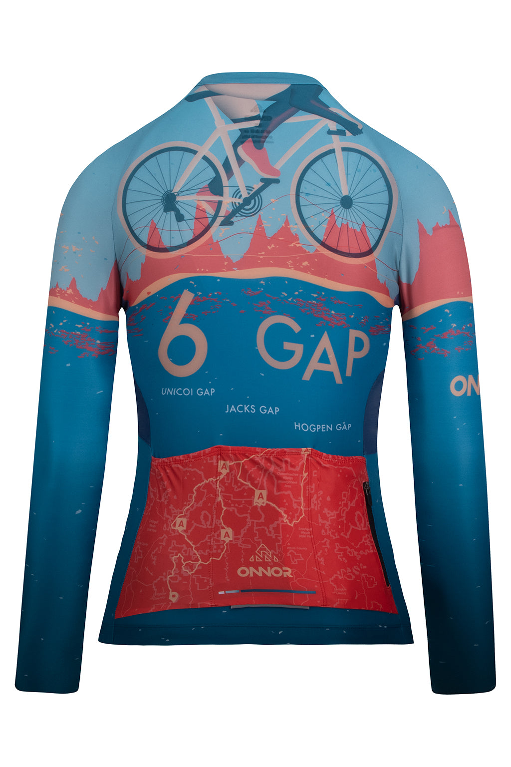 Rear view of the Women's SGC Elite Jersey Long Sleeve 2023, displaying the back pocket detail. Designed by ONNOR for the Six Gap of Georgia event, enhancing style and practicality for cyclists.