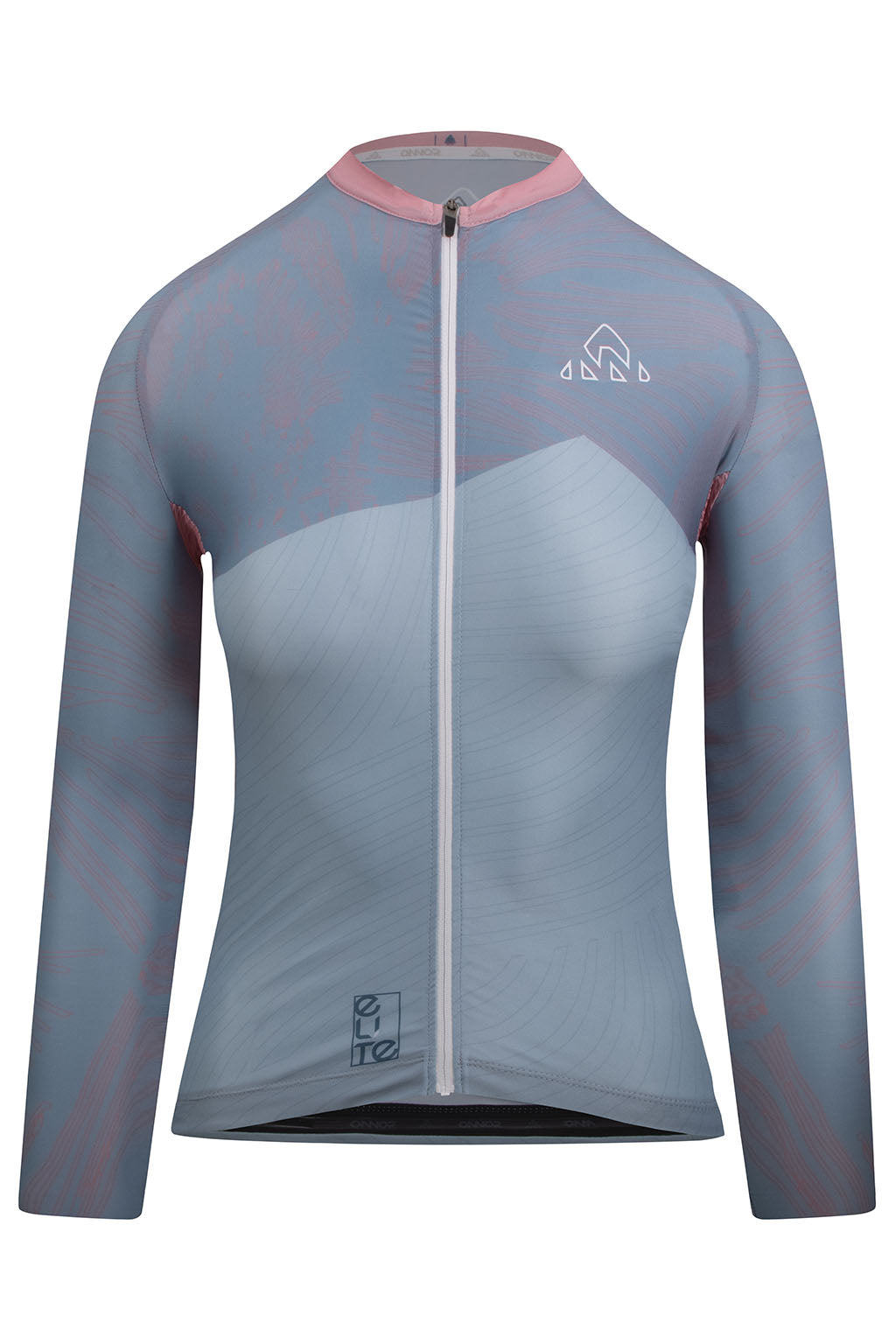 Front view of the Women's Skadi Elite Cycling Jersey Long Sleeve in light gray and light blue by ONNOR. This image displays the jersey's modern design and ONNOR's relentless commitment to superior quality. Created to augment cycling performance and style, this jersey represents the perfect amalgamation of cutting-edge technology and fashionable design.