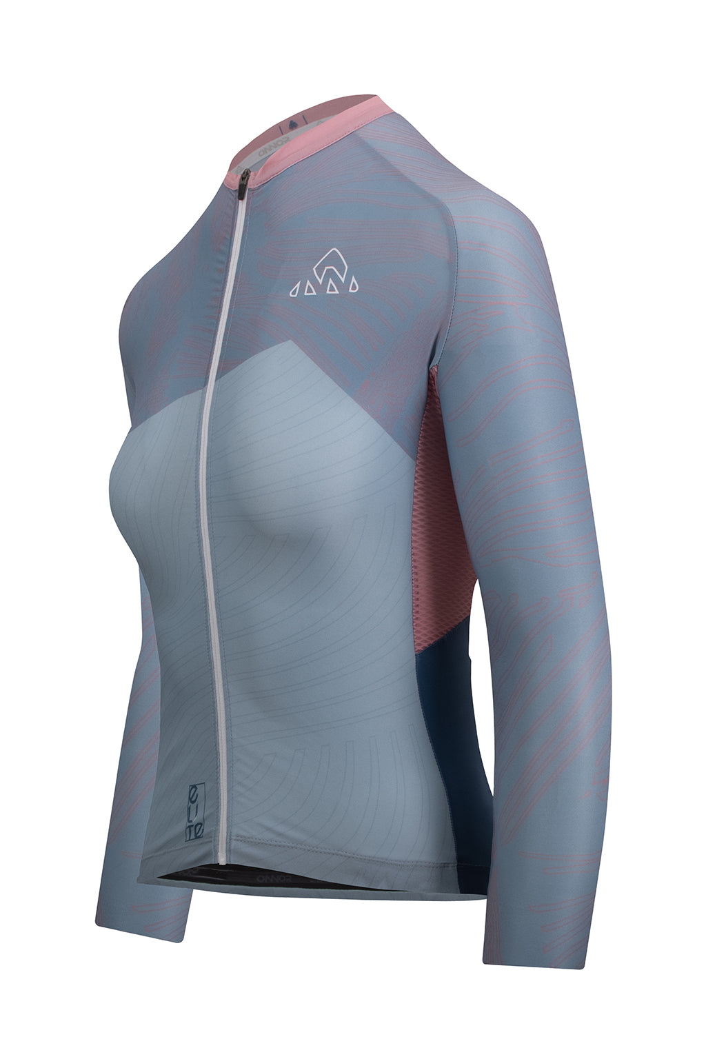 Close-up image highlighting the ONNOR logo on the Women's Skadi Elite Cycling Jersey Long Sleeve in light gray and light blue. The image reflects the brand's unwavering commitment to offering high-quality, performance-enhancing cycling gear that combines comfort and style seamlessly. Each detail, from the color choices to the placement of the logo, manifests meticulous design and craftsmanship.