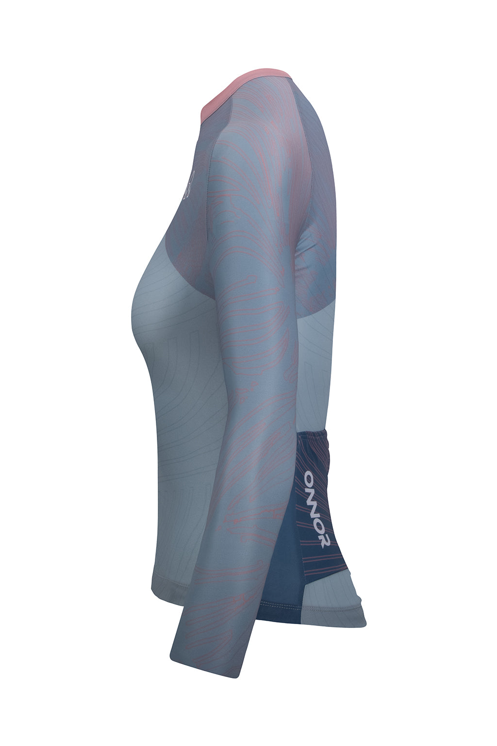 Side view of the light gray and light blue Women's Skadi Elite Cycling Jersey Long Sleeve from ONNOR. This image highlights the jersey's streamlined silhouette and advanced design that integrates innovative technology and fashion aesthetics, promising a superior cycling experience. The cool color combination sets the jersey apart, appealing to cyclists who appreciate style and performance.