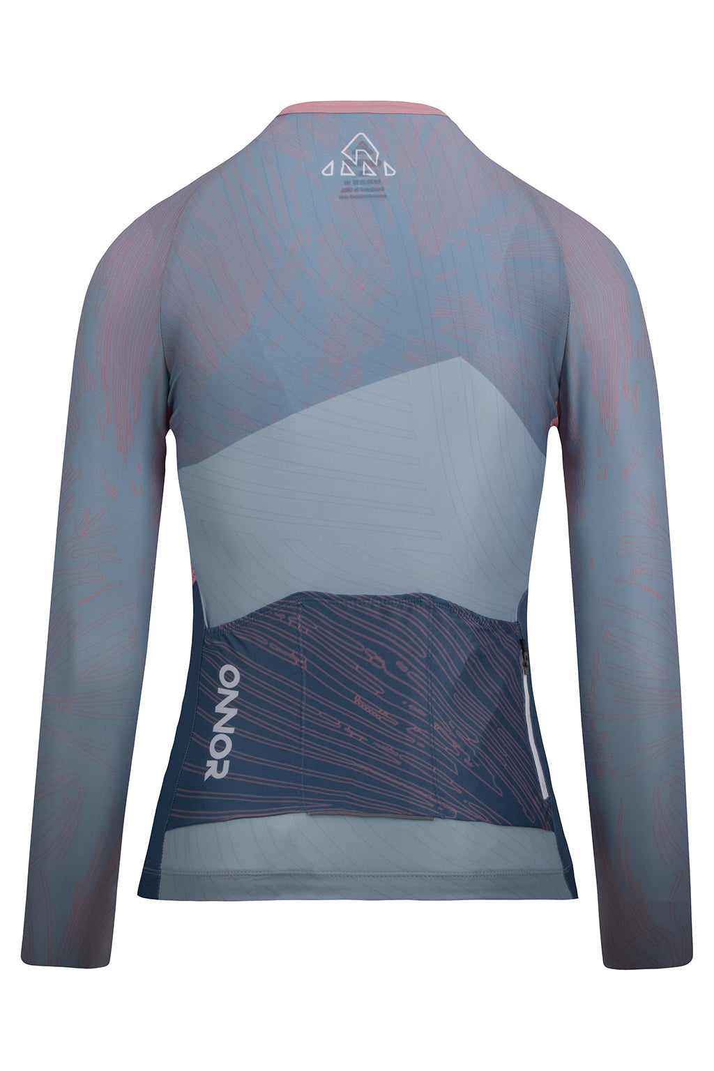 Rear view of the Women's Skadi Elite Cycling Jersey Long Sleeve by ONNOR in light gray and light blue. The image emphasizes the functional rear pockets and reflective safety features, underlining the brand's dedication to harmonizing practicality, safety, and style in their unique cycling attire. The cool color palette and innovative design encapsulate ONNOR's commitment to premier cycling gear.