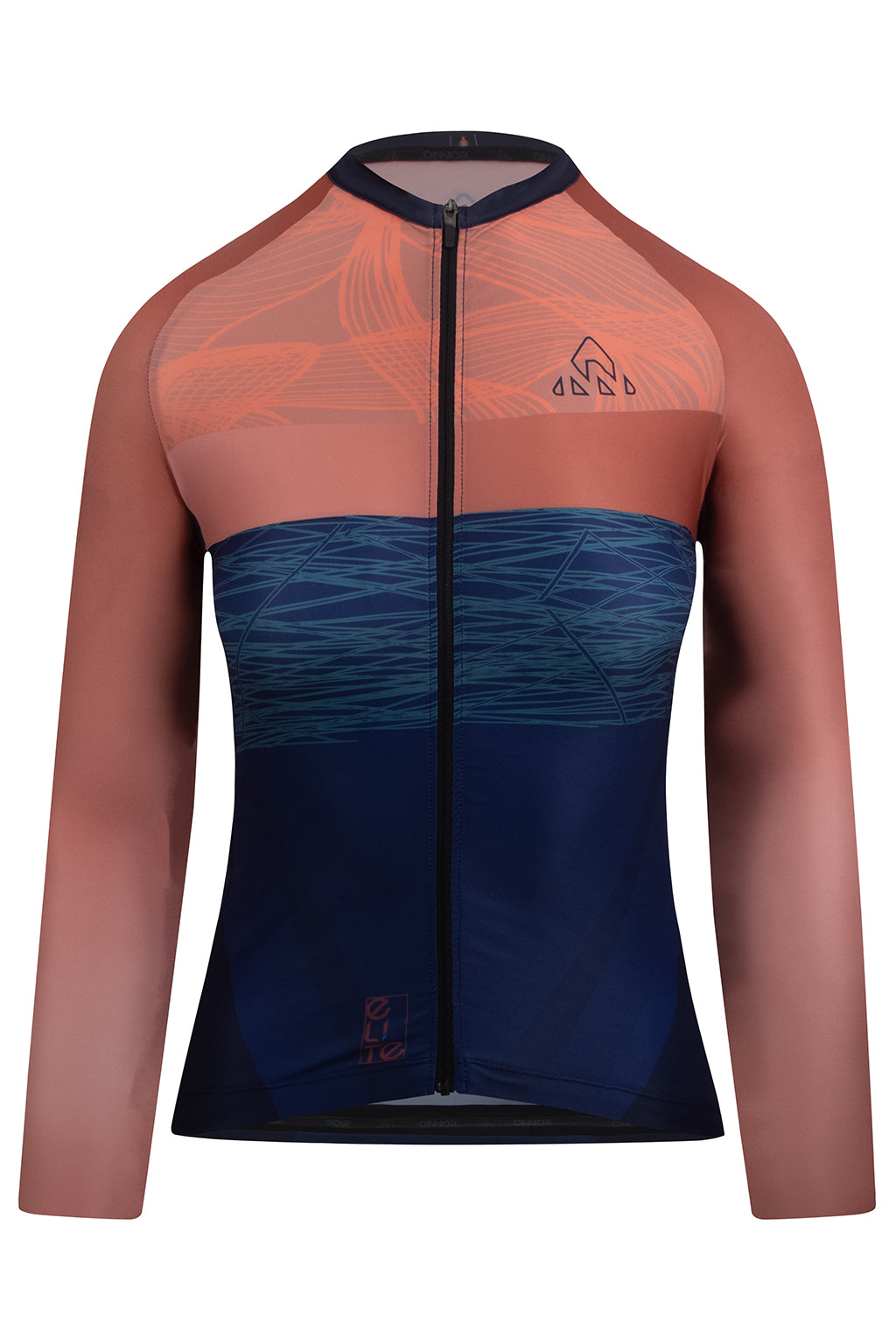 Front view of the Women's Tyr Elite Cycling Jersey Long Sleeve in blue and orange by ONNOR. This image showcases the jersey's sleek design and the brand's commitment to unparalleled quality. Engineered to improve cycling performance and style, this jersey epitomizes the combination of progressive technology and aesthetic design.