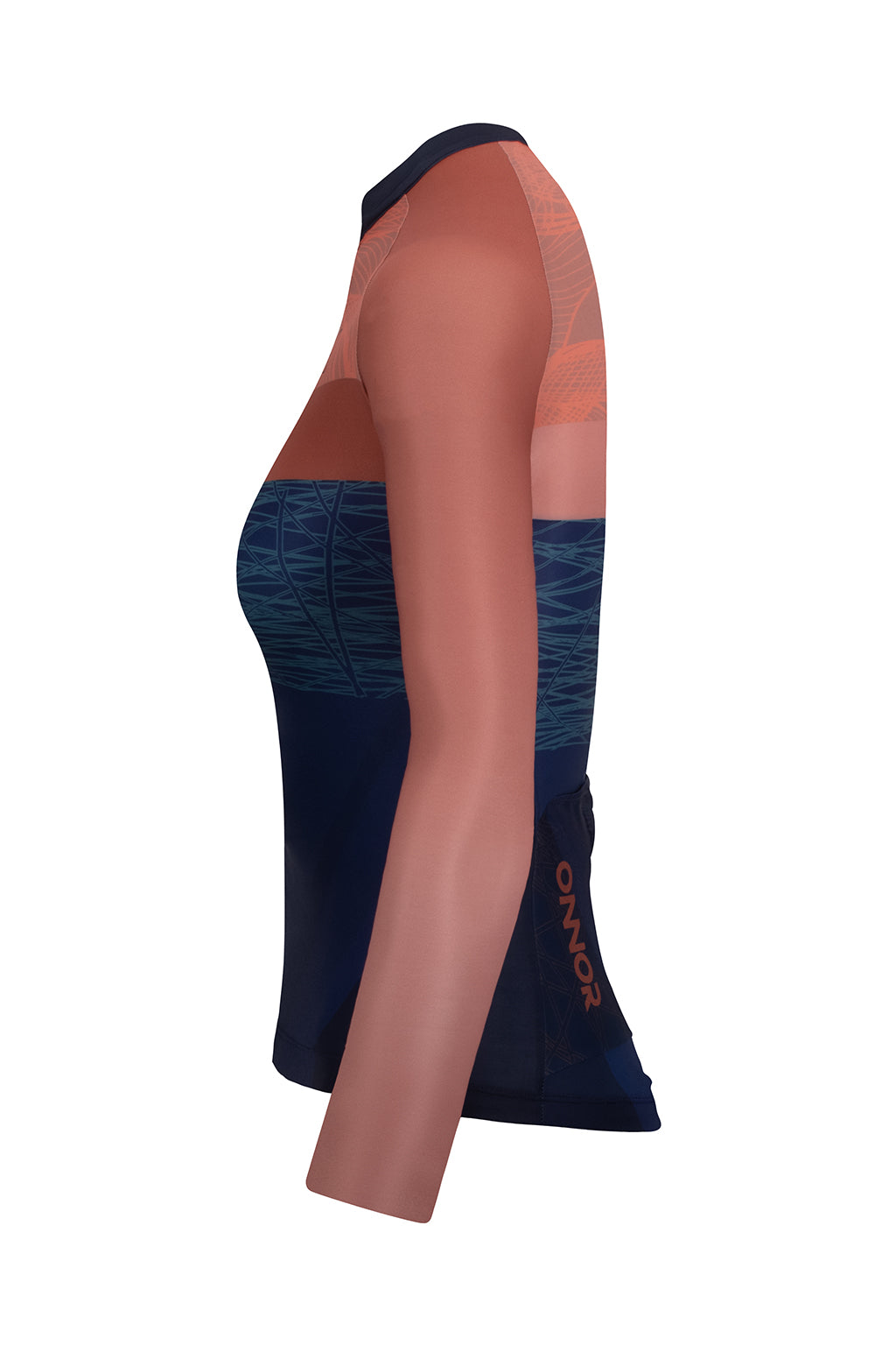 Detailed snapshot focusing on the sleeve of the Women's Tyr Elite Cycling Jersey Long Sleeve by ONNOR in blue and orange. The image illustrates the brand's commitment to creating comfortable, stylish, and performance-driven cycling jerseys, underlining their proficiency in seamlessly integrating form and function.