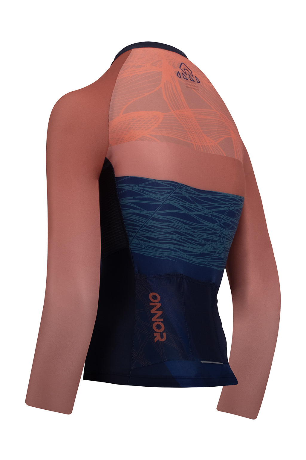 High-definition image of the blue and orange Women's Tyr Elite Cycling Jersey Long Sleeve by ONNOR. The picture portrays the brand's approach to incorporating vibrant color combinations and top-tier quality into their cycling gear. The captivating visuals and meticulous detailing make it a top choice for discerning cyclists who value both style and quality.