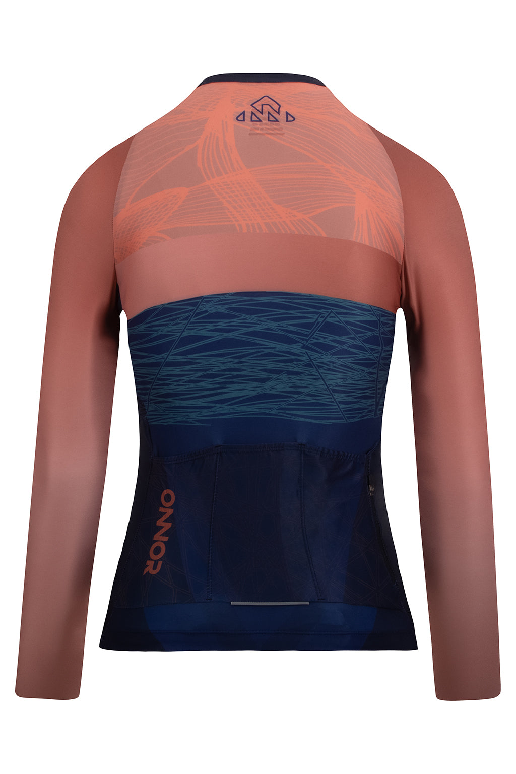 Rear view of the Women's Tyr Elite Cycling Jersey Long Sleeve by ONNOR in blue and orange. The image underscores the useful rear pockets and safety-enhancing reflective elements, highlighting the brand's commitment to combining practicality, safety, and style in their distinct cycling gear. The vibrant color scheme and innovative design fully embody ONNOR's dedication to superior cycling attire.