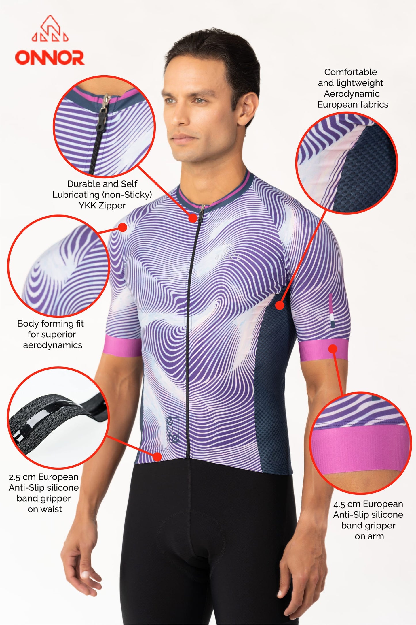 A male rider donning a short-sleeved cycling jersey. This men's cycling shirt is specifically designed for male cyclists, offering a comfortable fit and excellent moisture management.