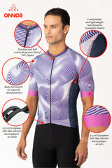 A male rider donning a short-sleeved cycling jersey. This men's cycling shirt is specifically designed for male cyclists, offering a comfortable fit and excellent moisture management.