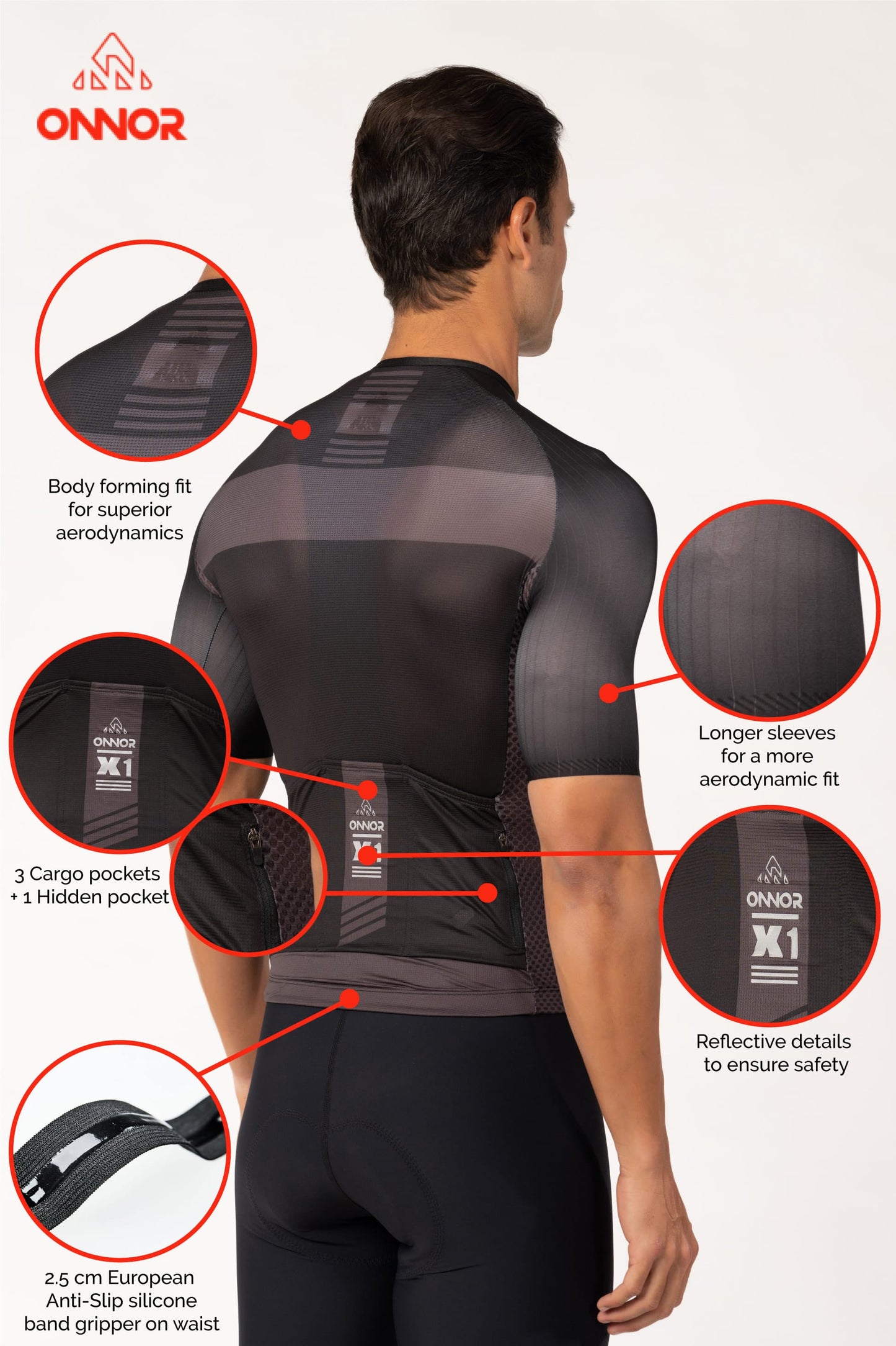 A male cyclist sporting a short-sleeved cycling shirt. This men's cycle jersey is designed to enhance aerodynamics and provide maximum comfort during road cycling adventures.