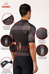 A male cyclist sporting a short-sleeved cycling shirt. This men's cycle jersey is designed to enhance aerodynamics and provide maximum comfort during road cycling adventures.